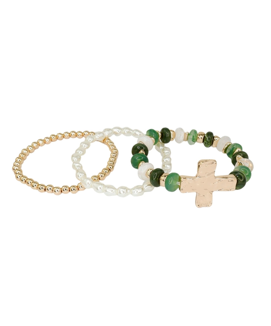 3 Row Cross Charm Bead Bracelet