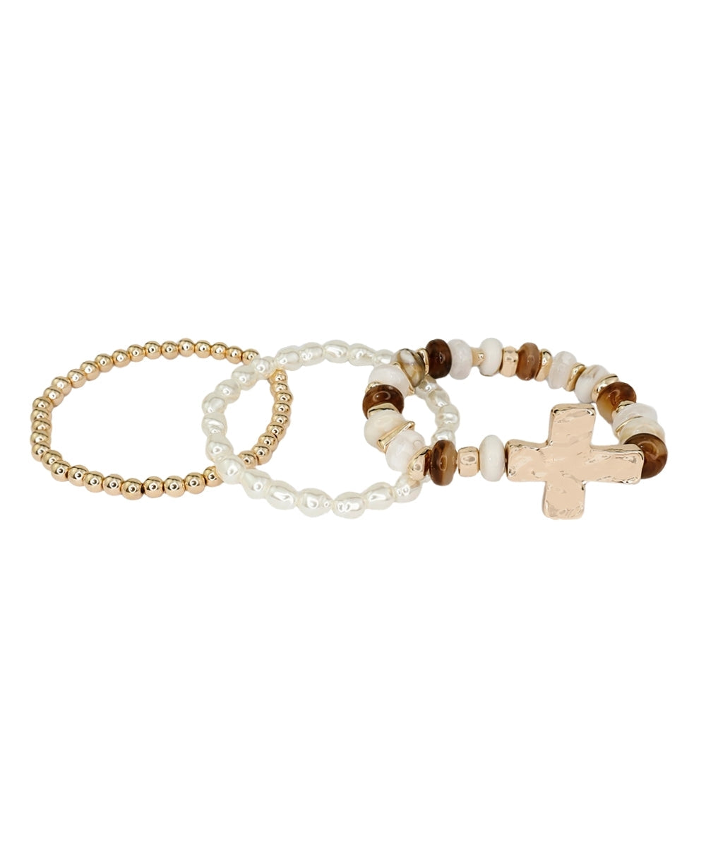 3 Row Cross Charm Bead Bracelet