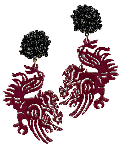 Acrylic gamecocks earrings featuring a black beaded stud and a garnet gamecock dangle.