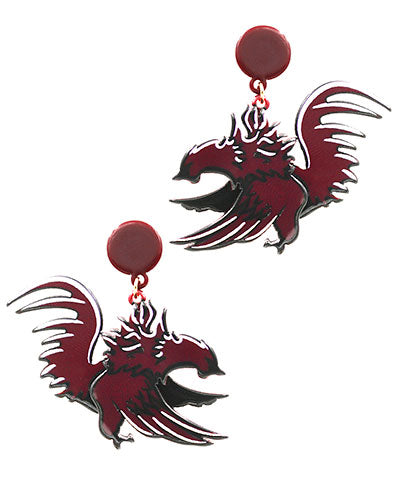 Acrylic Gamecocks Earrings with round, garnet stud and a black and garnet gamecock dangle.