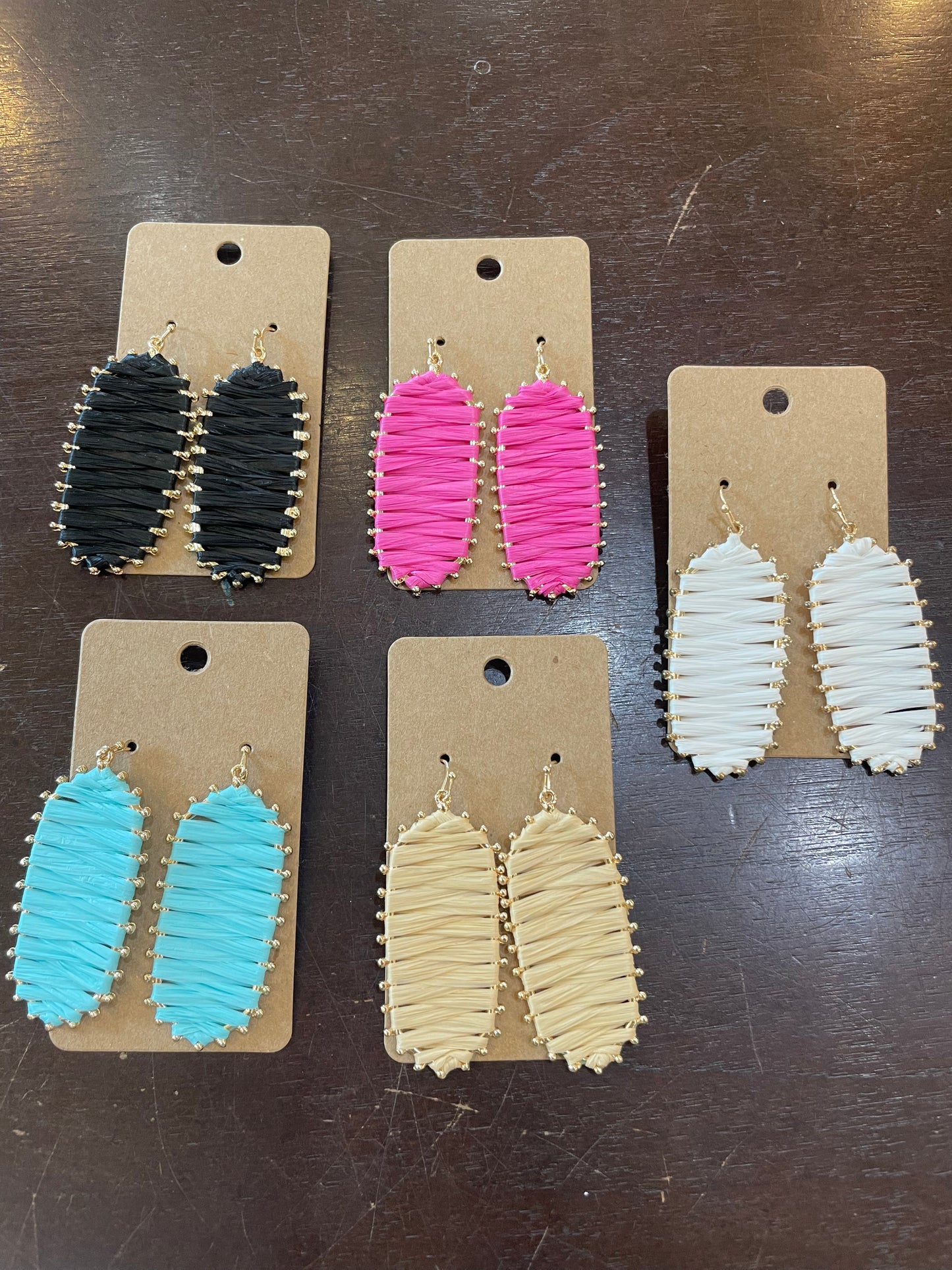 Trimmed Raffia Long Hexagon Earrings