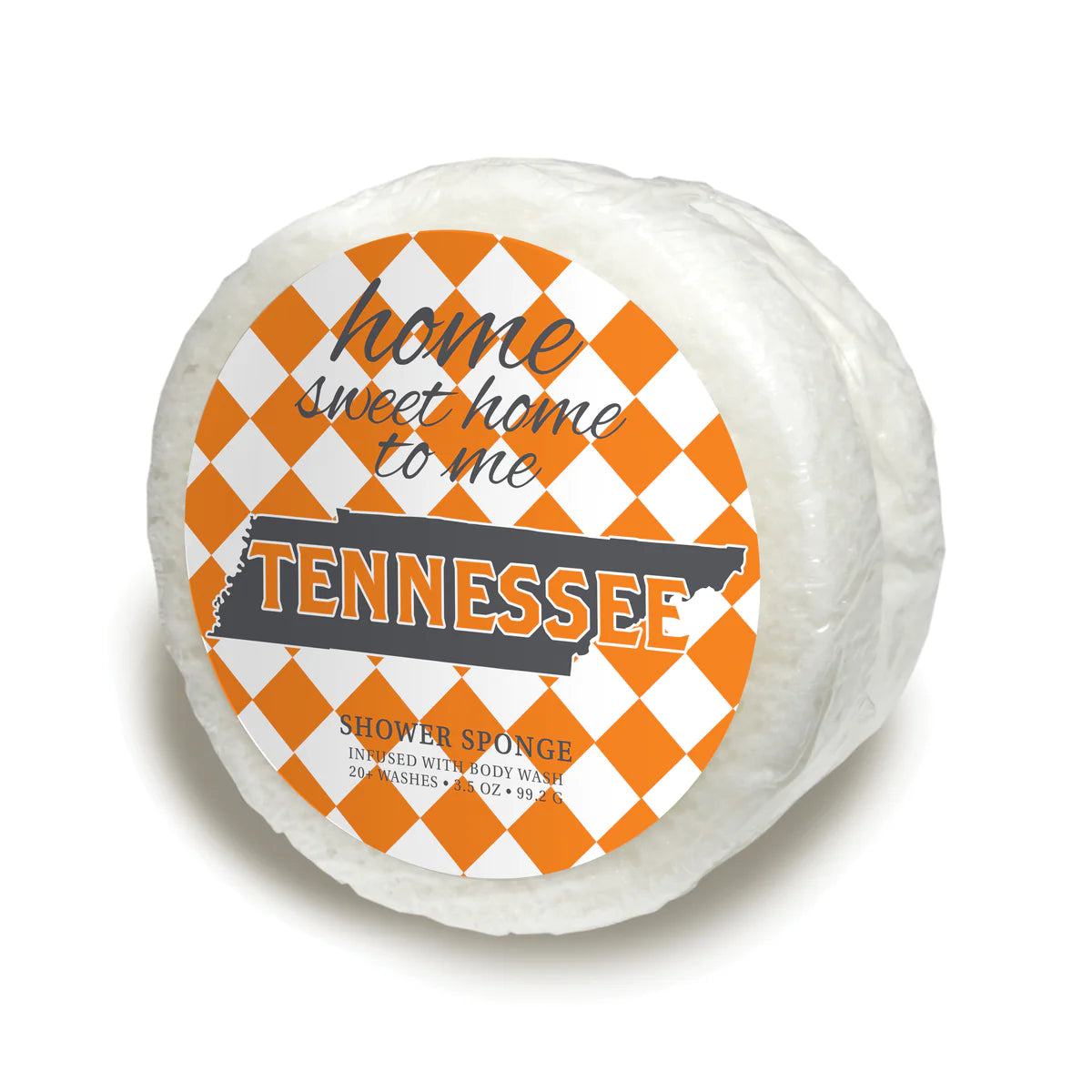 Caren "Home Sweet Home To Me Tennessee" Soap sponge. White and round.