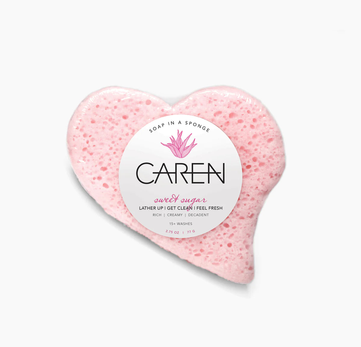 Caren "Sweet Sugar" soap sponge in the shape of a pink heart.