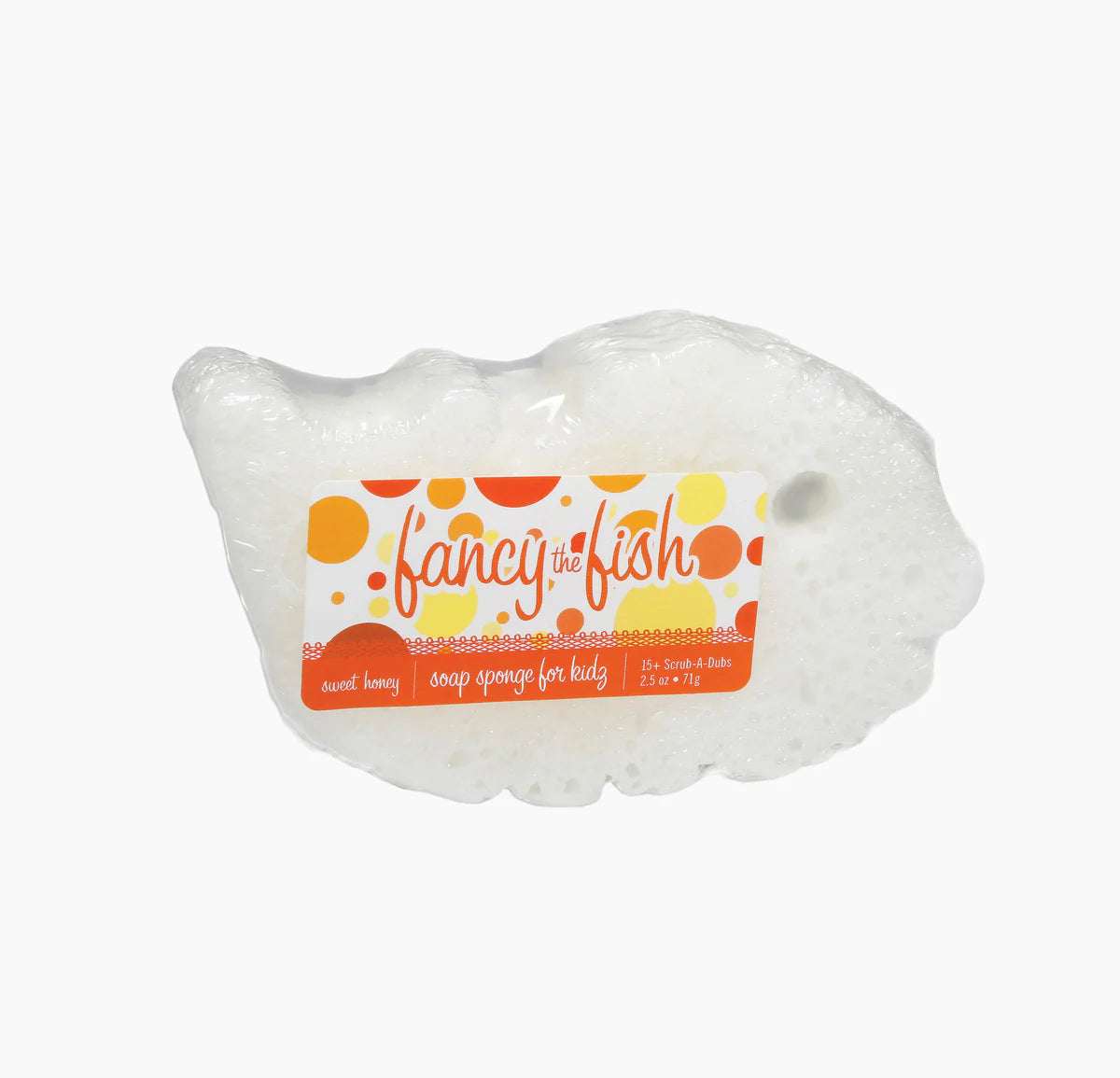 Caren "Fancy the Fish" Soap sponge for kids. Shaped like a fish and white.
