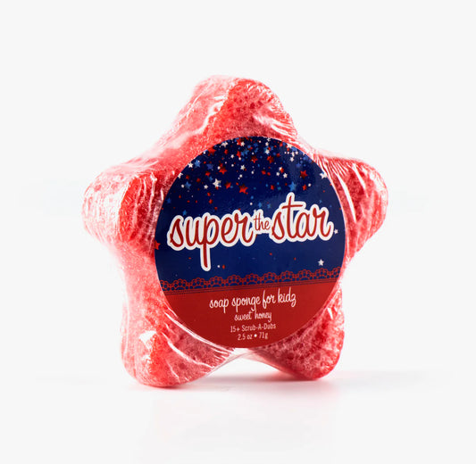 Caren "Super the Star" soap sponge for kids. Star shaped and red.