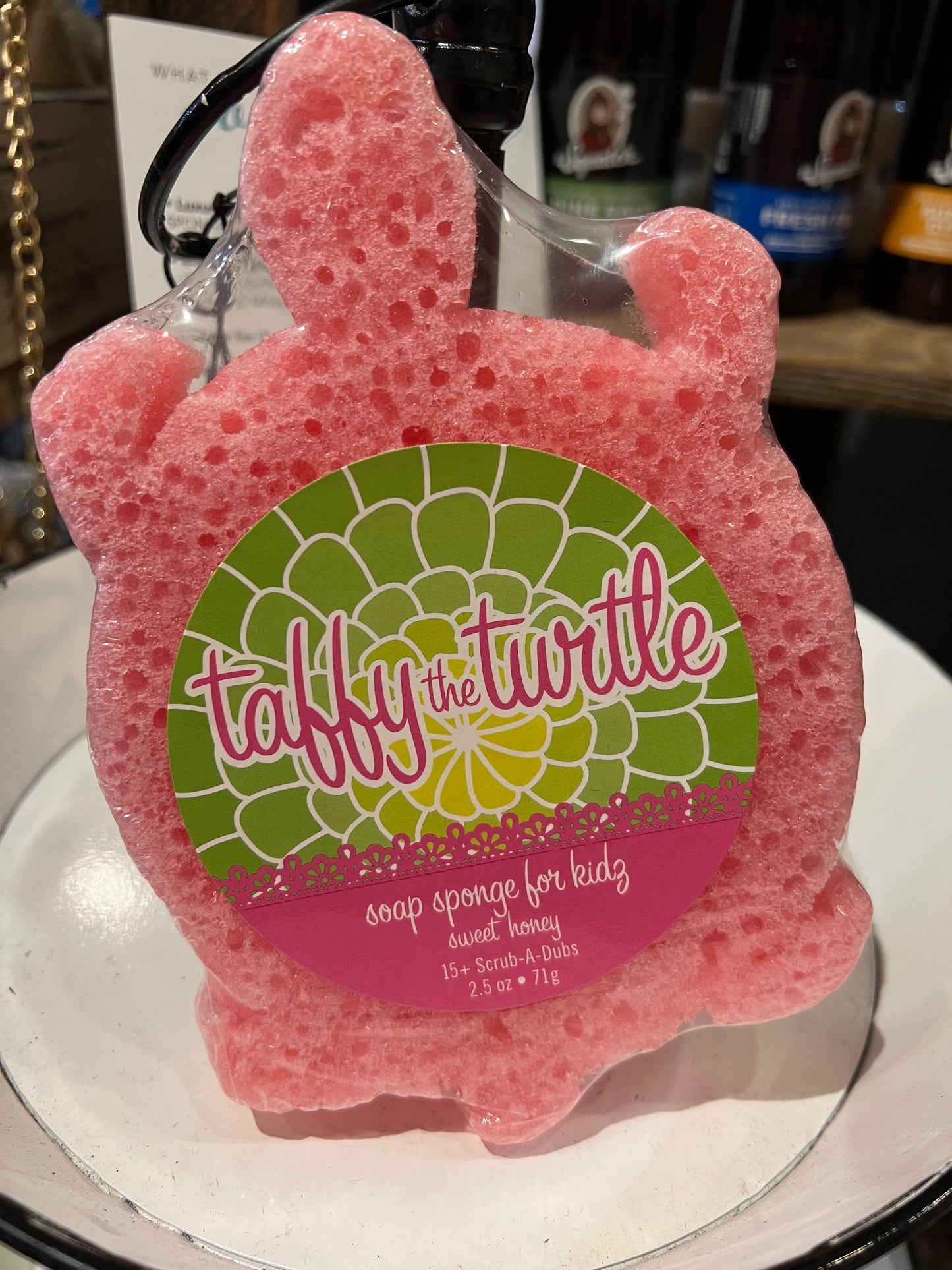 Caren "Taffy the Turtle" soap sponge for kids shaped like a pink turtle.