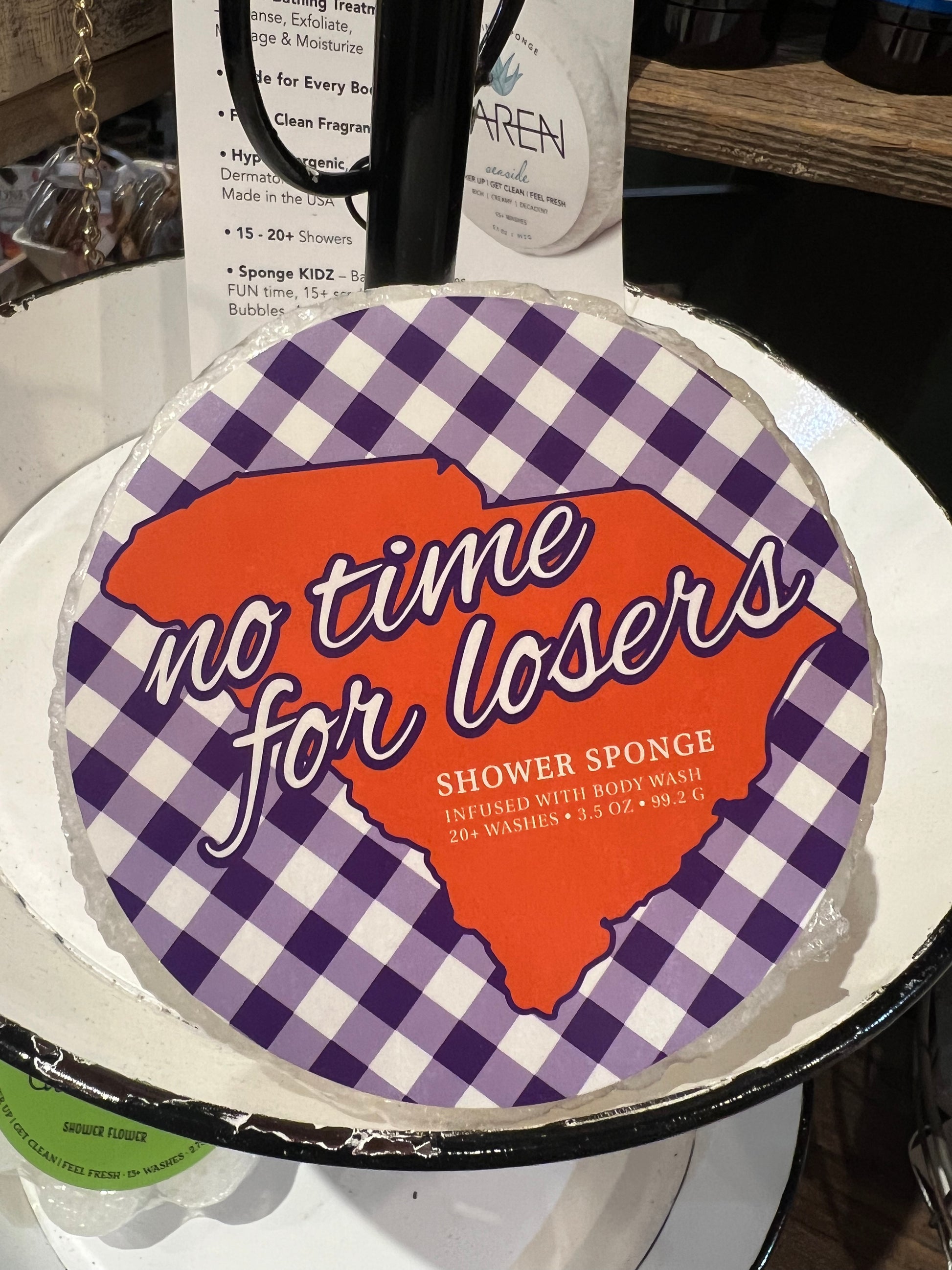 Caren "No time for losers" Clemson soap sponge. White and round.