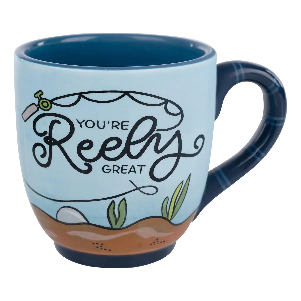 Blue handmade mug featuring "You're reely great" with a fishing scene.