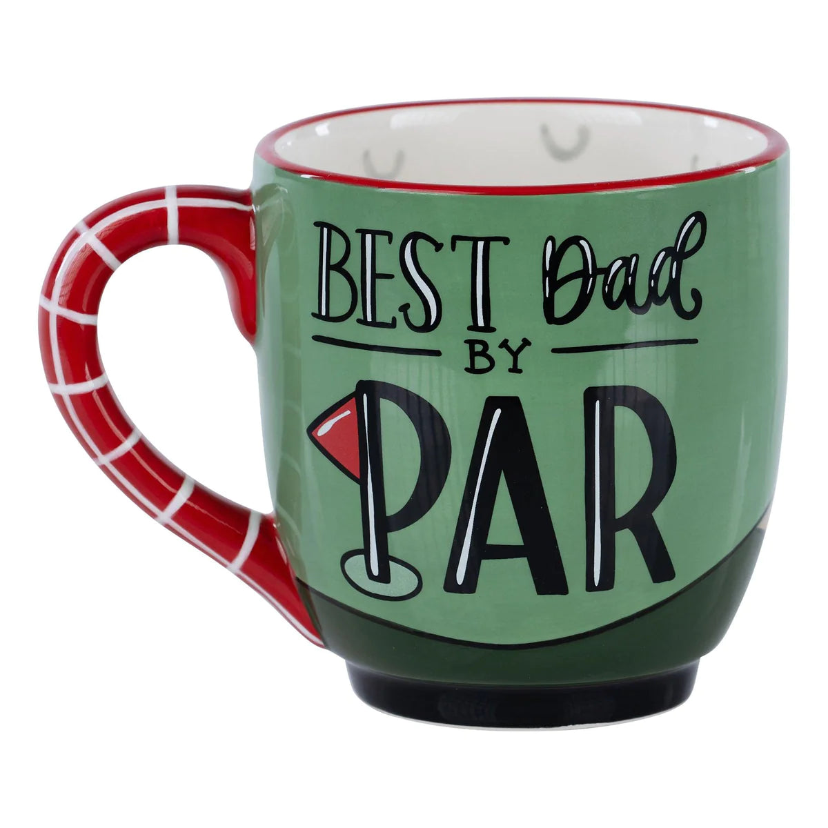 Green handmade mug with red handle featuring "Best Dad by Par".