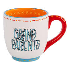 White handmade mug with red handle featuring "Grandparents" in blue lettering.