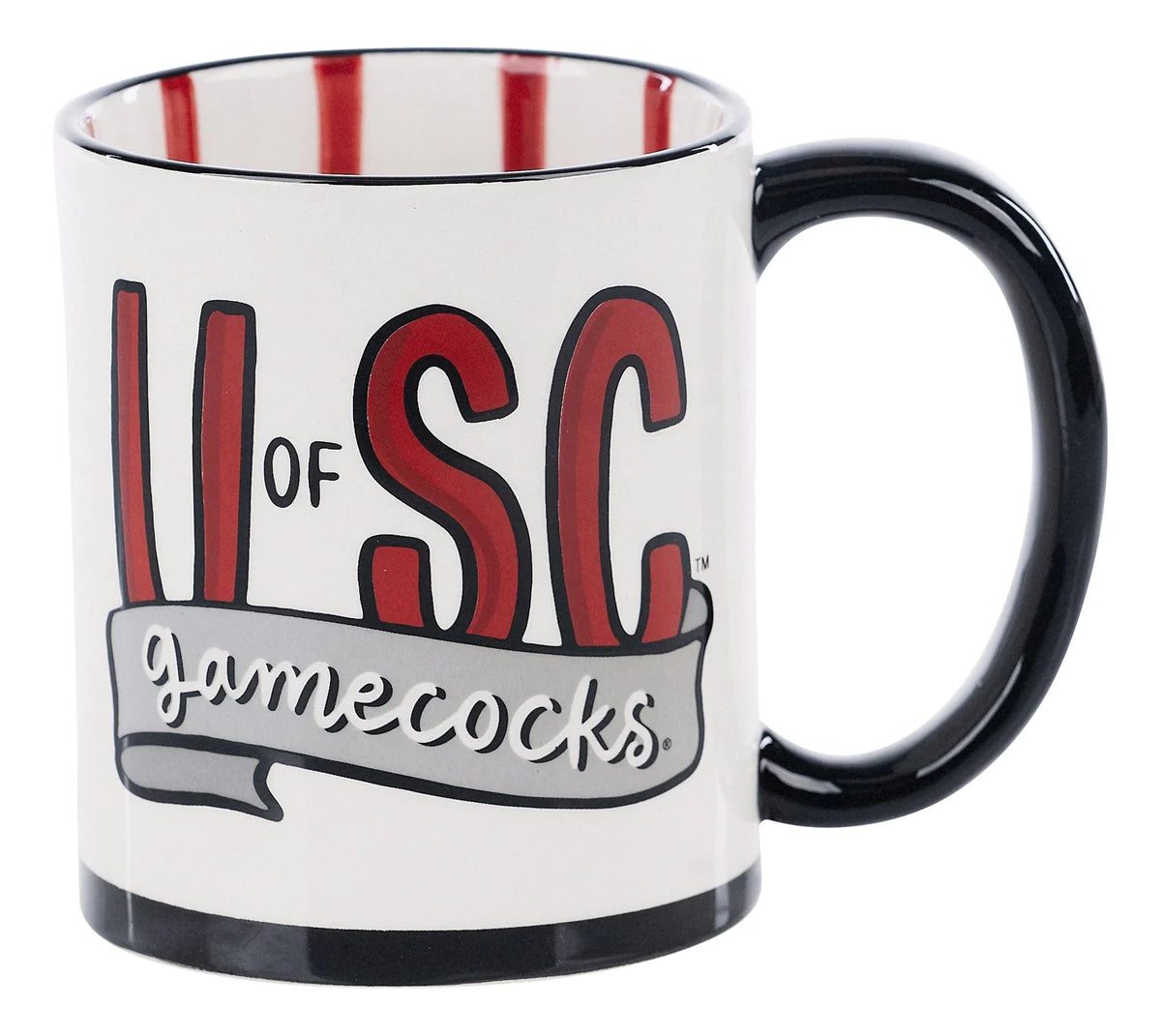 White handmade mug with black handle featuring "U of SC Gamecocks".