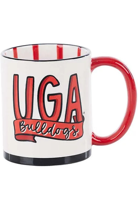 White handmade mug with red handle featuring "UGA Bulldogs"