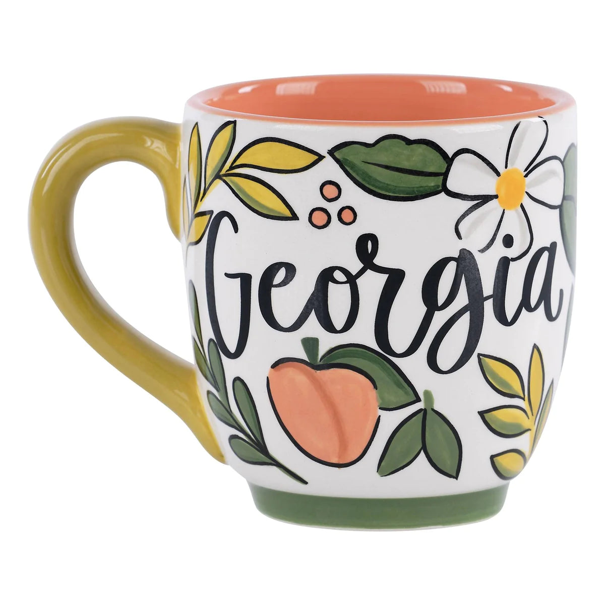 White, with floral print and peach handmade mug with yellow handle featuring "Georgia".