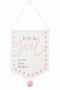 Pink and white door hanger displaying "it's a girl; name:; date:; weight:"