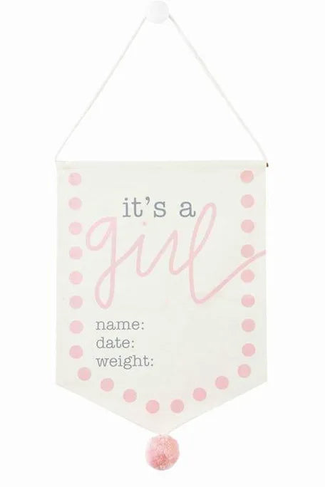 Pink and white door hanger displaying "it's a girl; name:; date:; weight:"