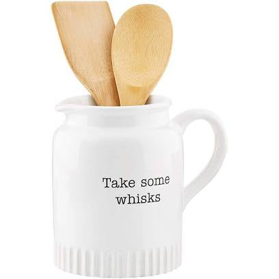 White "Take some whisks" ceramic pitcher holder.