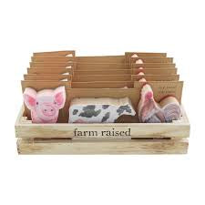 Assorted farm animal kitchen sponges featuring pigs, cows, and roosters.