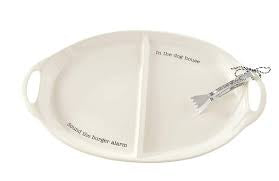 White platter that says "Sound the burger alarm" & "In the dog house".