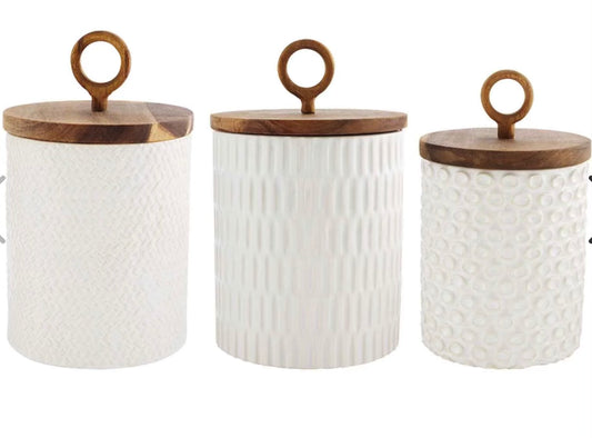 White glazed ceramic stoneware set of 3 with wooden lids.