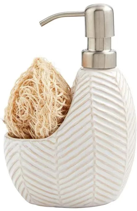 White glazed soap dispenser and sponge caddy.