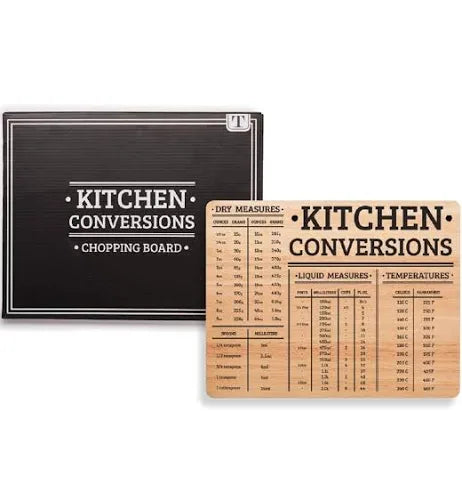 Front of black wooden chopping board, "Kitchen Conversions; Chopping Board". Reverse side is natural wood with dry and hand measures, and temperatures.