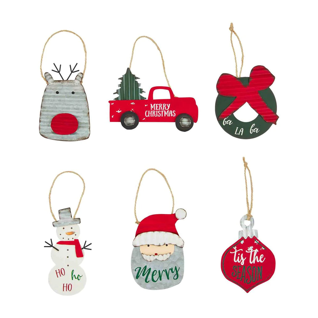 Assorted Christmas tin ornaments.