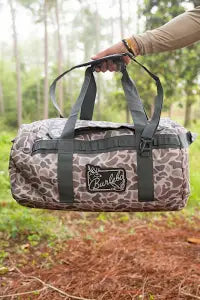 Duffle bag with Burlebo logo and classic camo pattern.