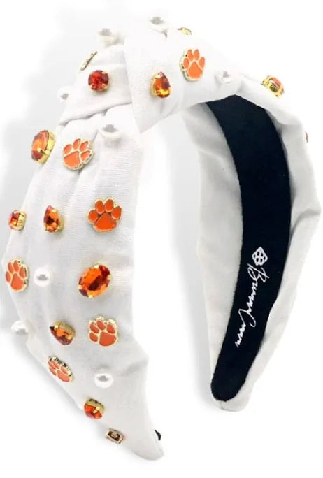White topknot headband with Clemson Tigers decorative jewels.