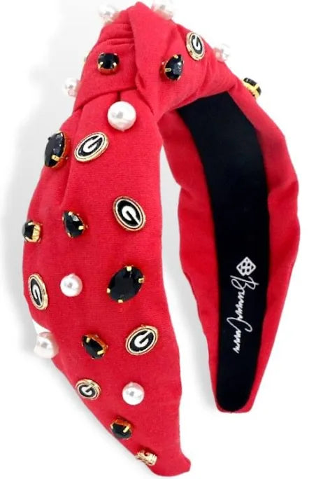 Red topknot headband with Georgia Bulldogs decorative jewels.