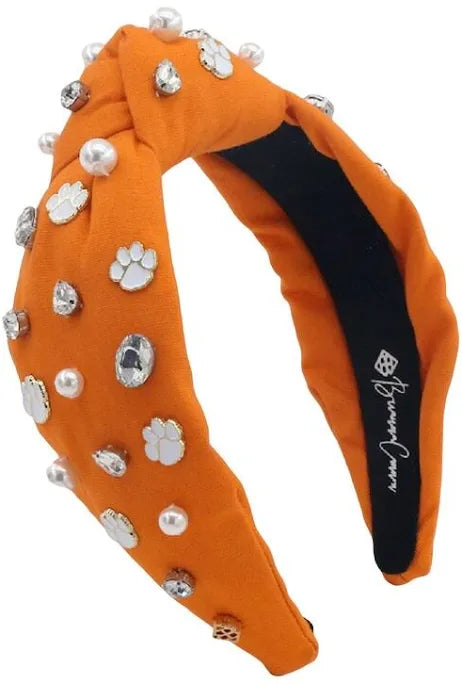 Orange topknot headband with Clemson Tigers decorative jewels.