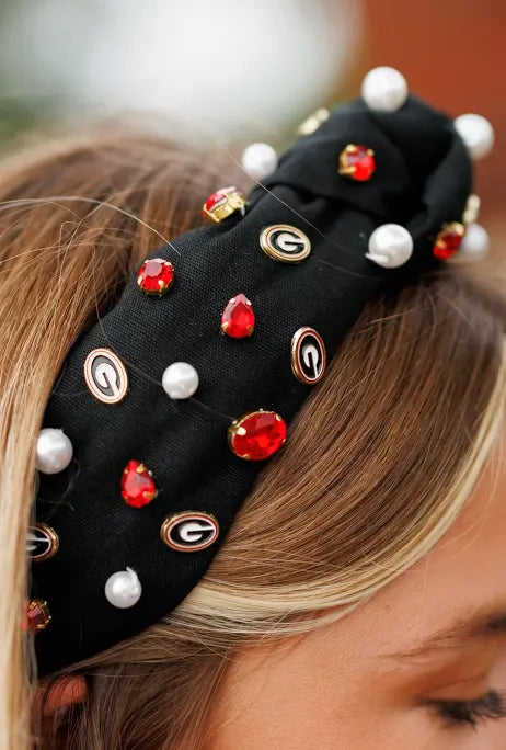 Black topknot headband with Georgia Bulldogs decorative jewels.