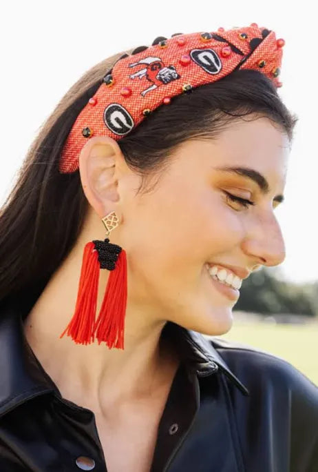 Red tweed topknot headband with Georgia Bulldogs decorative jewels.