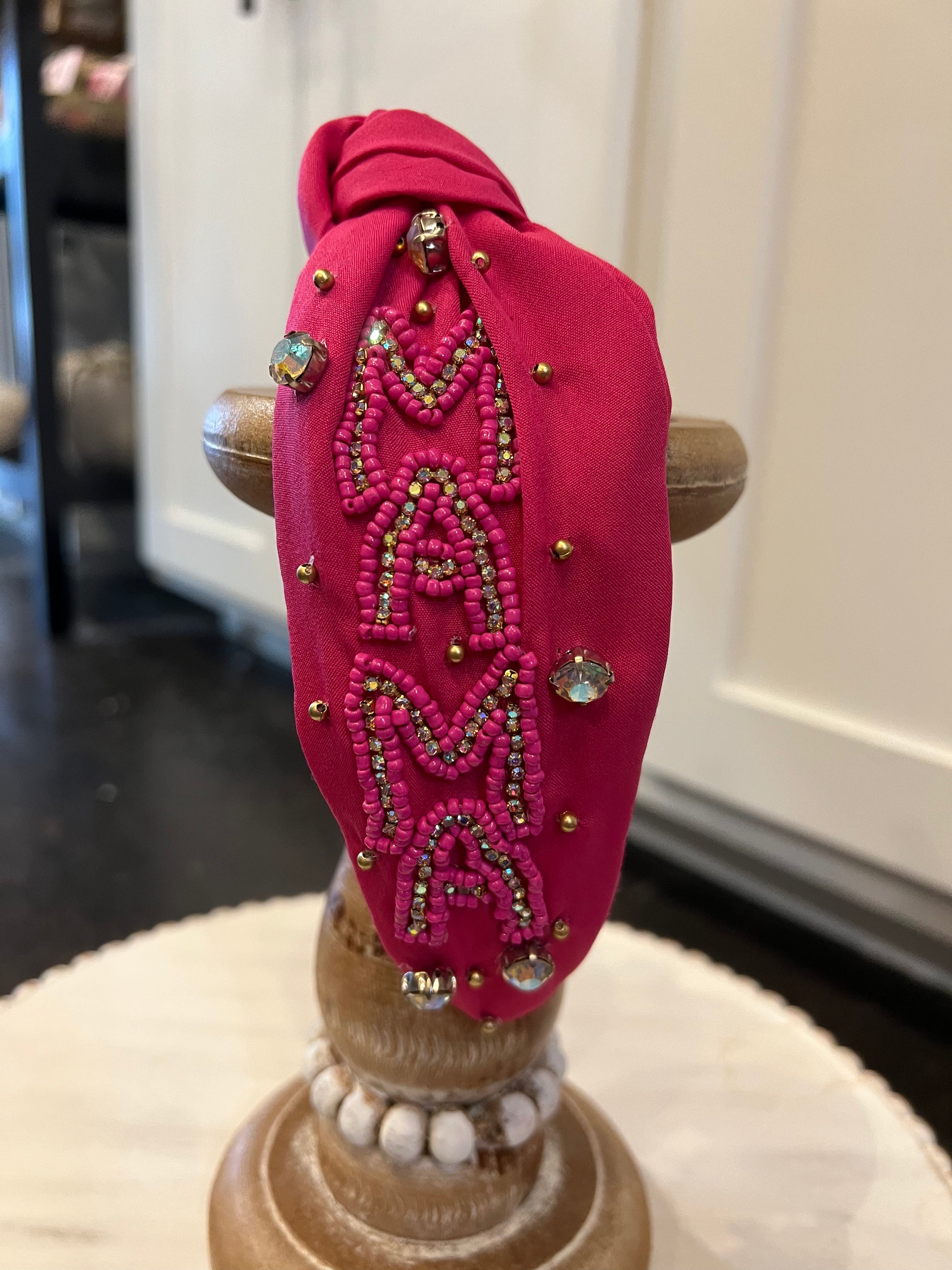 Hot pink beaded rhinestone headband featuring "MAMA".