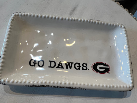 White distressed trinket tray featuring "Go Dawgs" & "G" emblem.