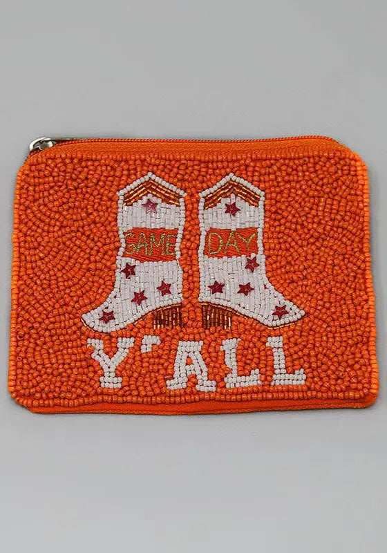Orange "Y’all" Game Day Boots Beaded Coin Purse.