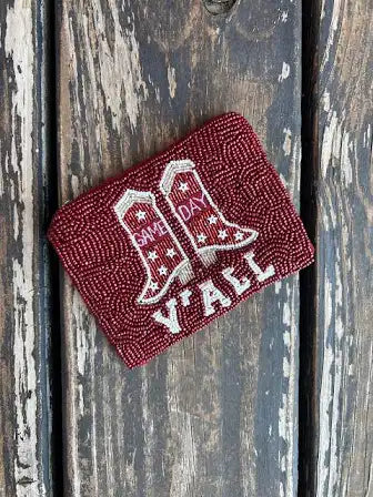 Burgundy "Y’all" Game Day Boots Beaded Coin Purse.