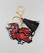 Keychain featuring a garnet and black gamecock with a black tassel.