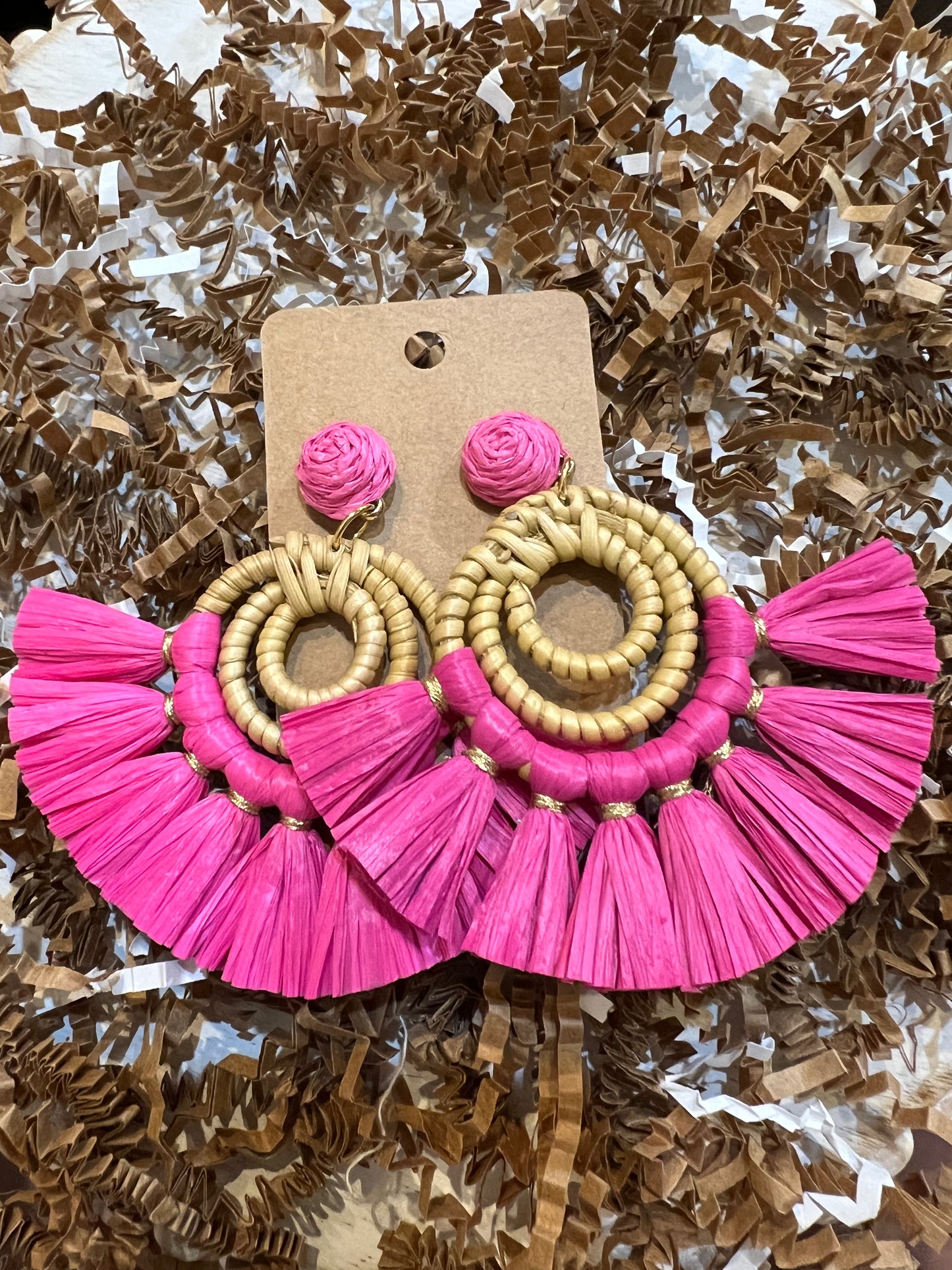 Pink raffia tassel bamboo earrings.