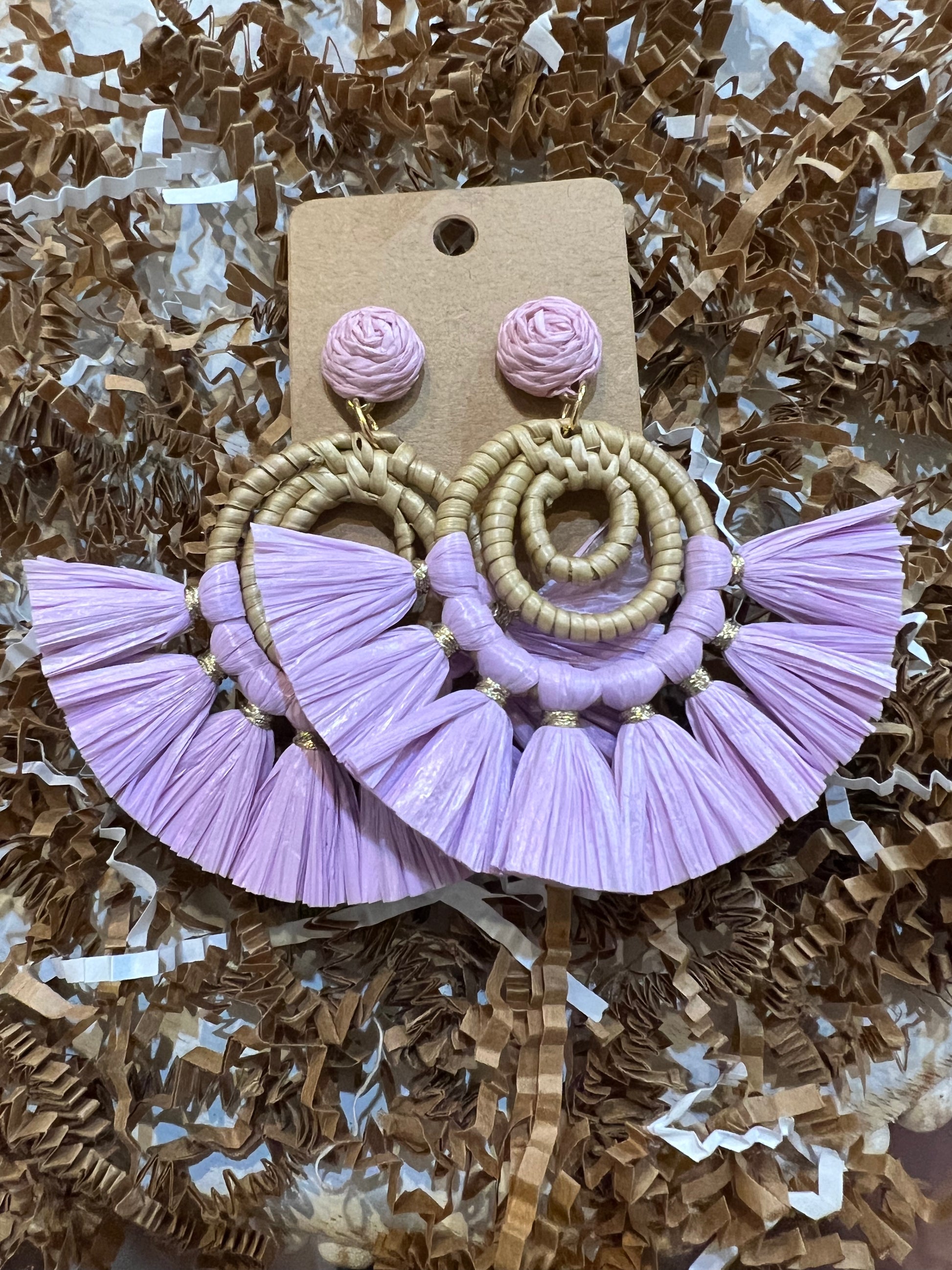 Lavender raffia tassel bamboo earrings.