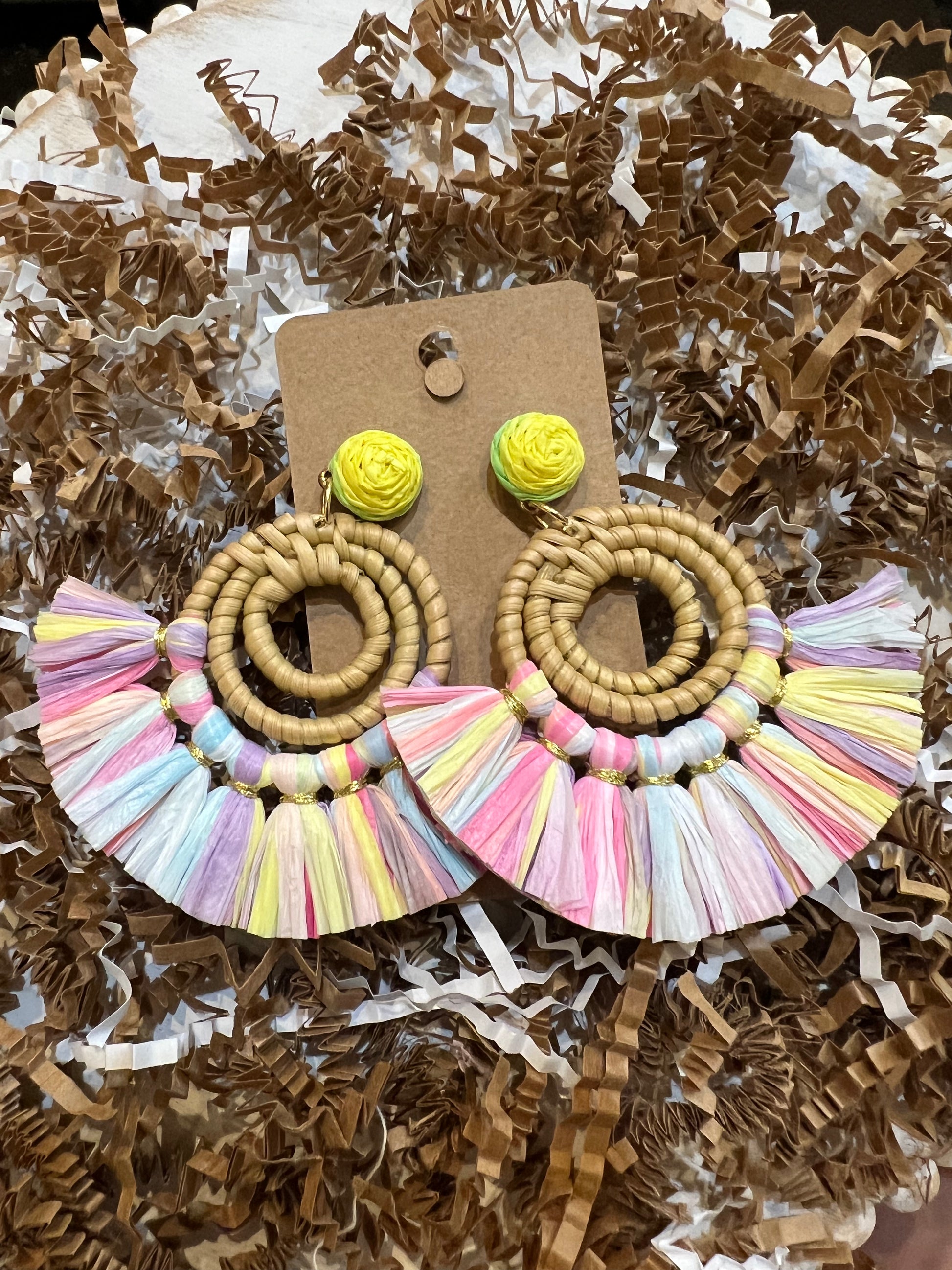 Tye Dye raffia tassel bamboo earrings.