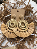 Tan raffia tassel bamboo earrings.