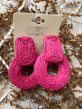 Pink circle raffia earrings with rectangle stud.