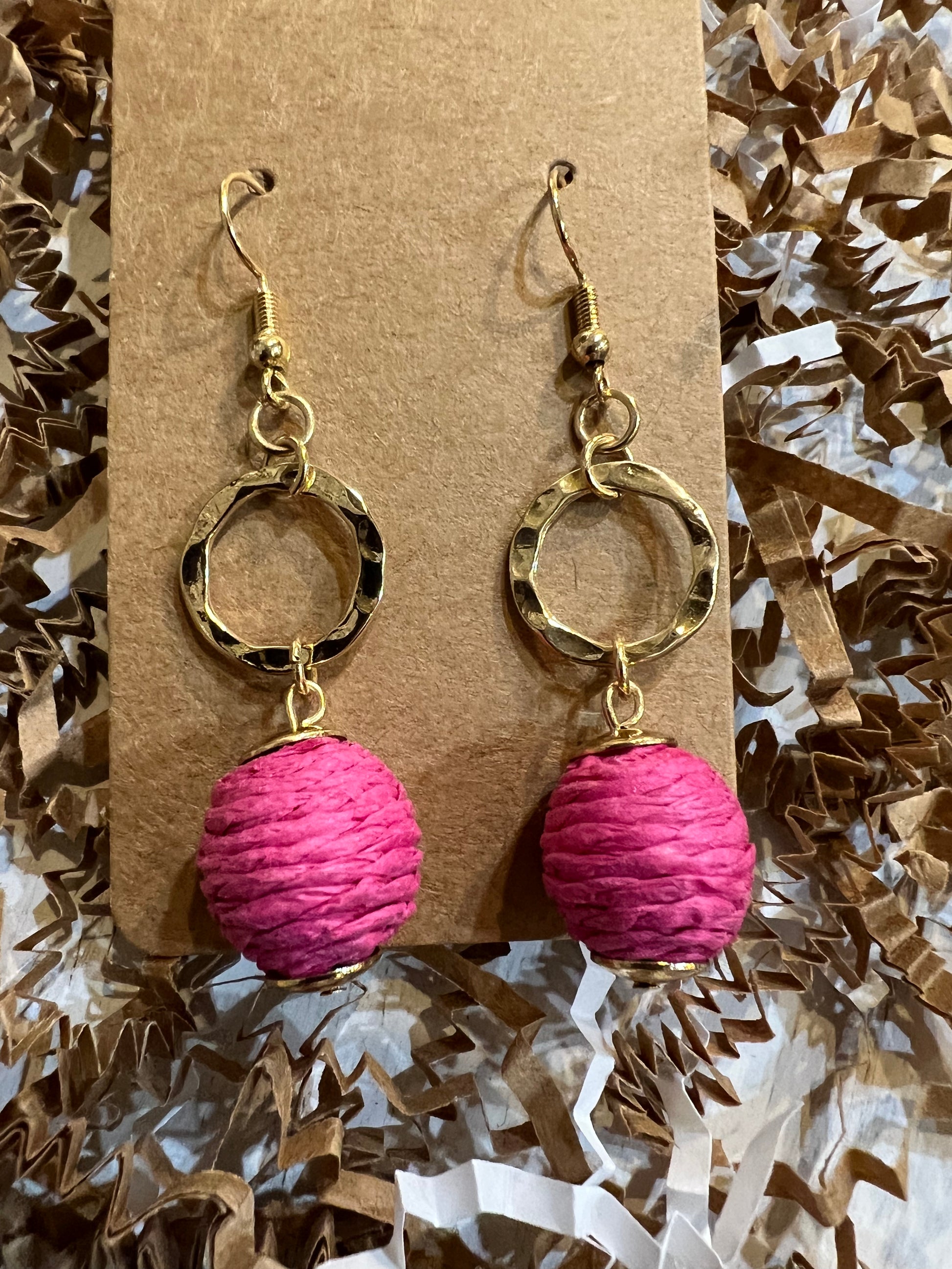 Pink and Gold Dangle Raffia Ball Earrings.
