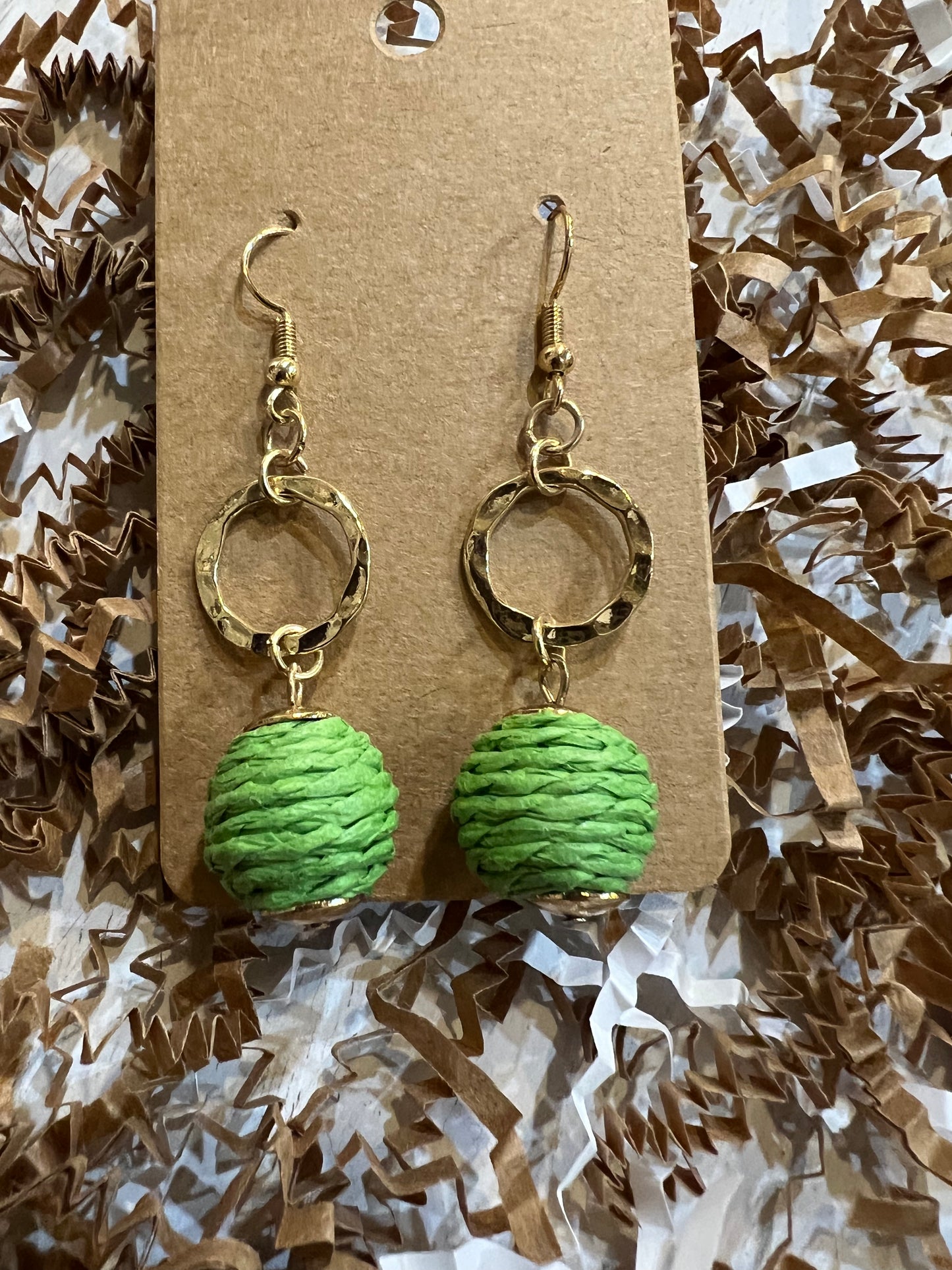 Green and Gold Dangle Raffia Ball Earrings.