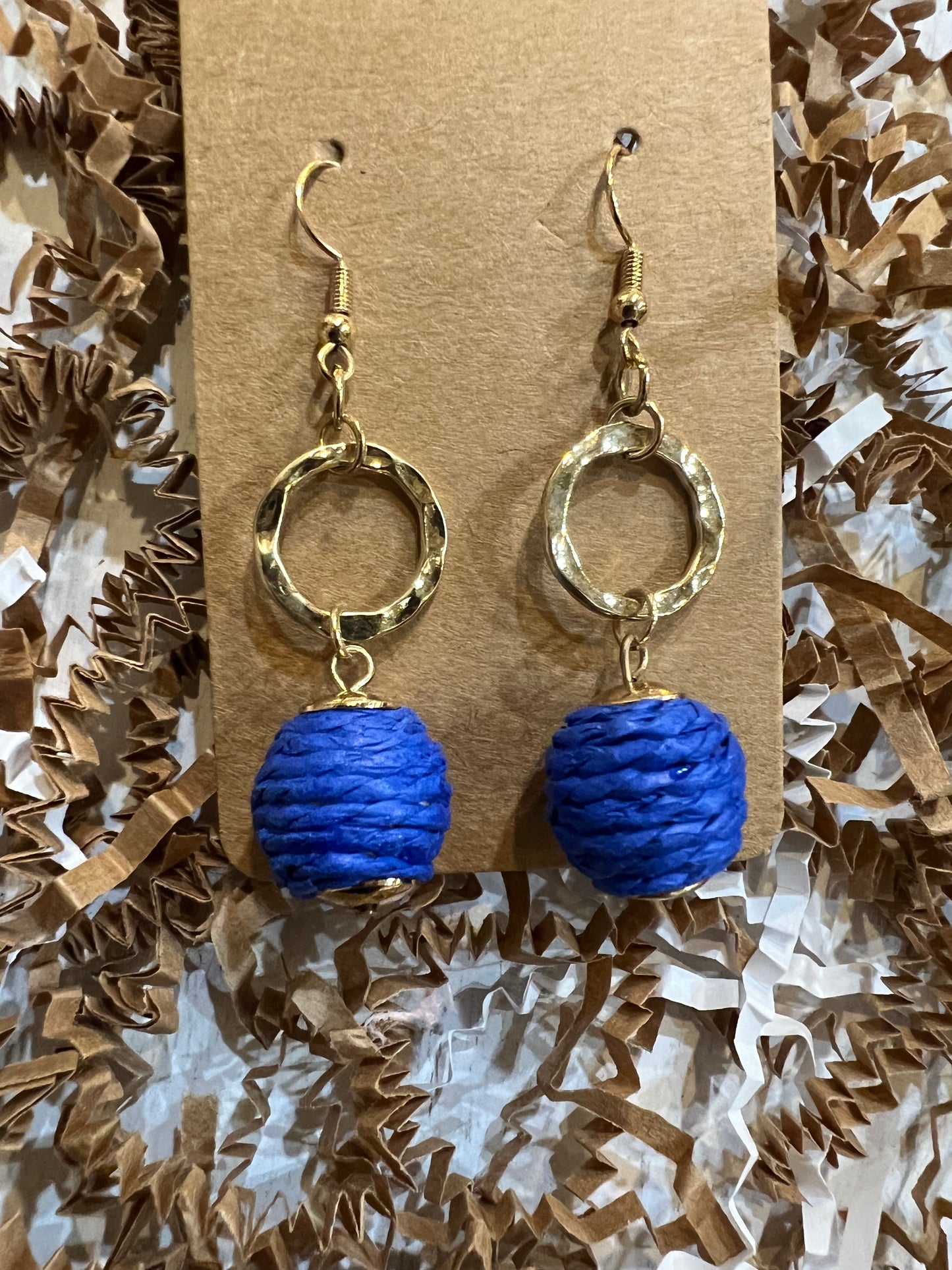 Blue and Gold Dangle Raffia Ball Earrings.