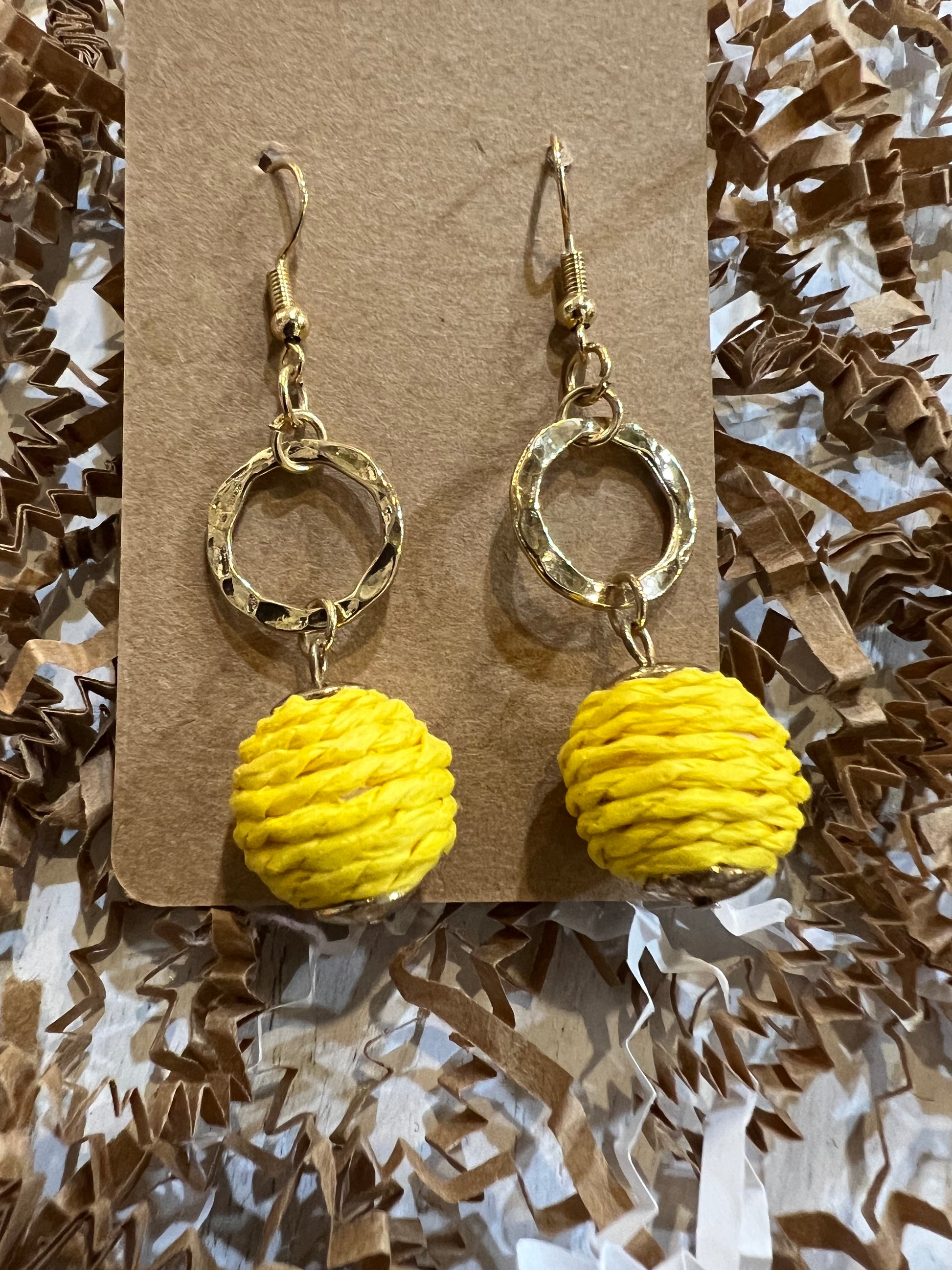 Yellow and Gold Dangle Raffia Ball Earrings.