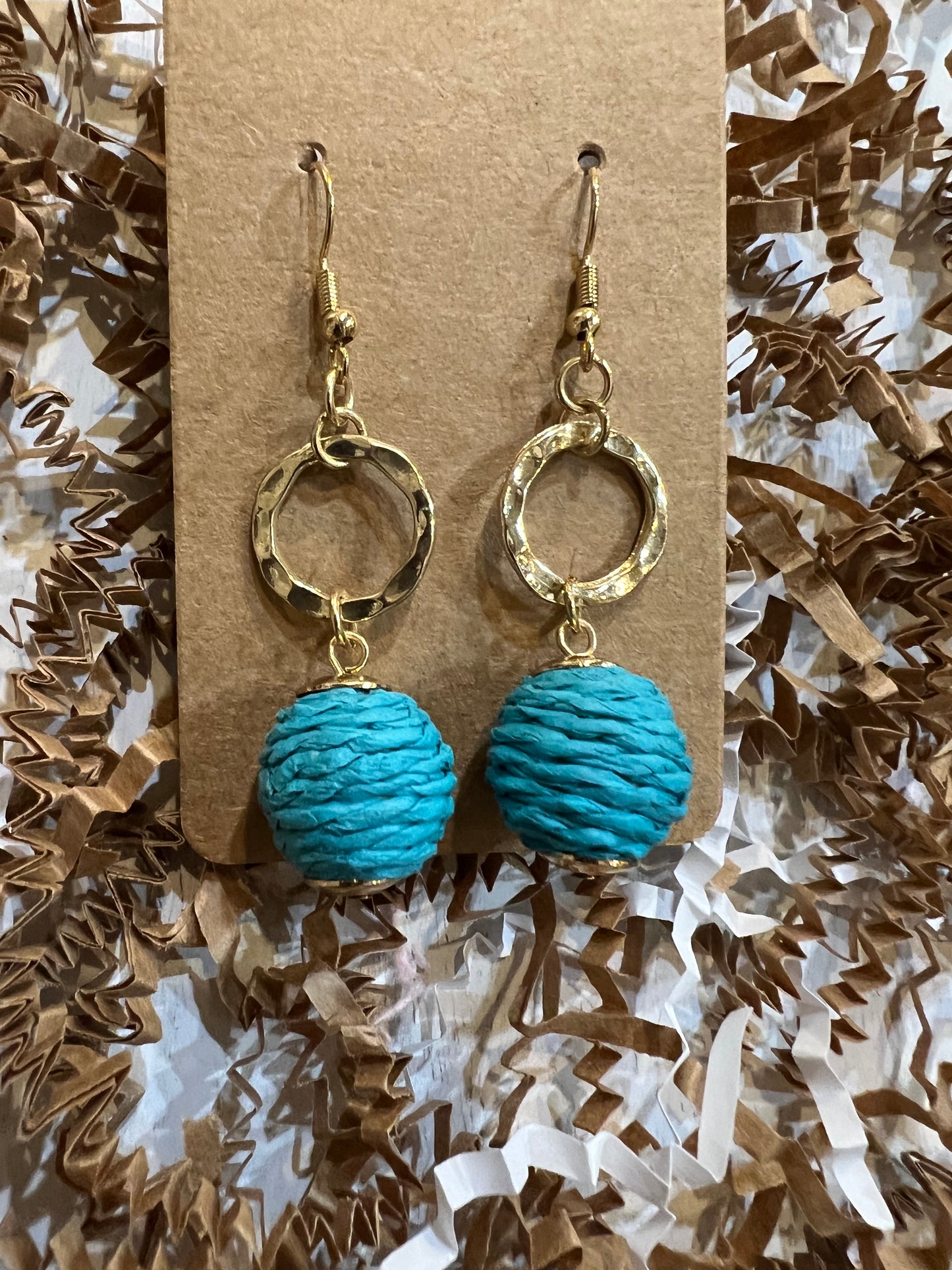 Aqua and Gold Dangle Raffia Ball Earrings.