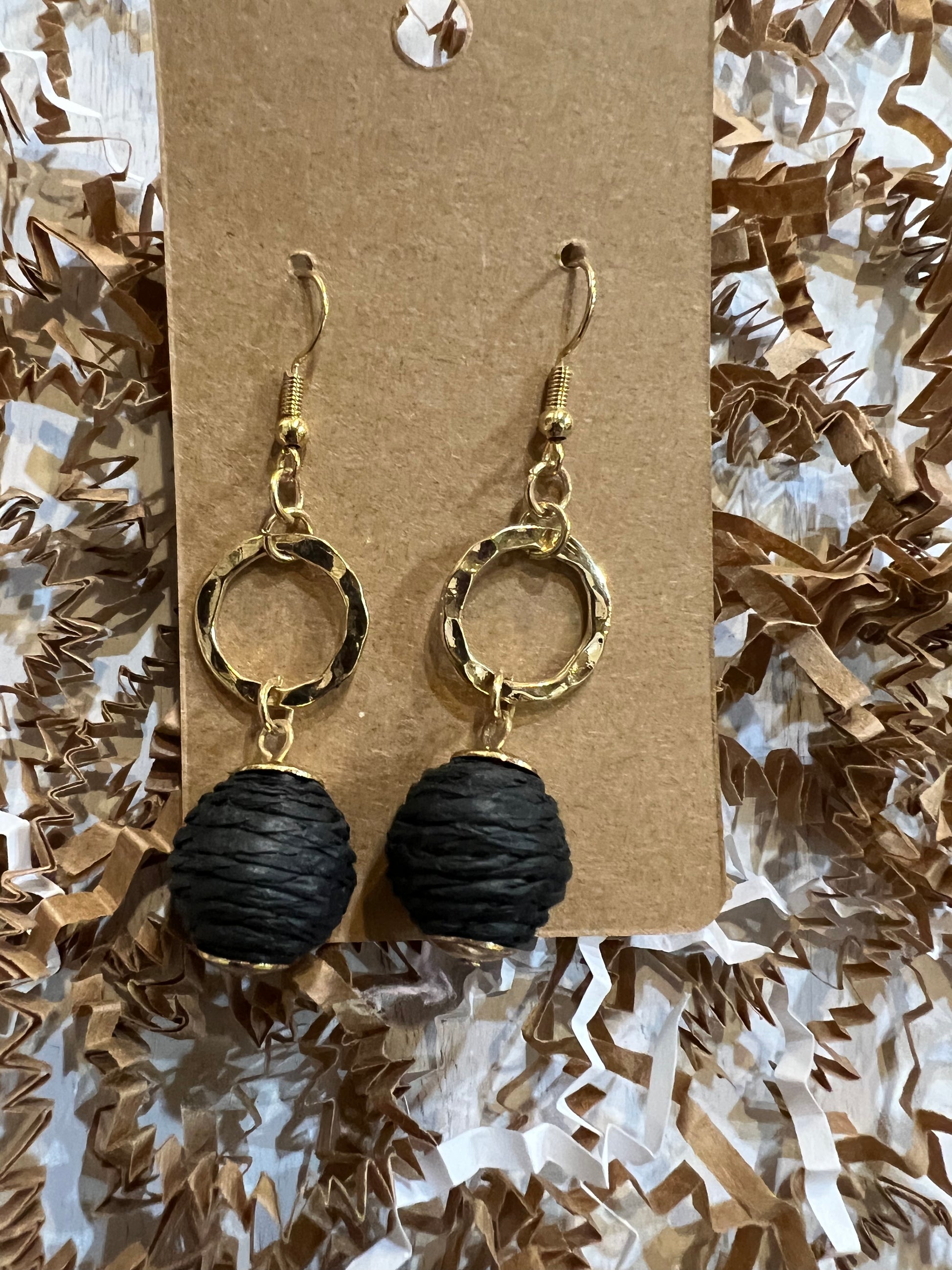 Black and Gold Dangle Raffia Ball Earrings.