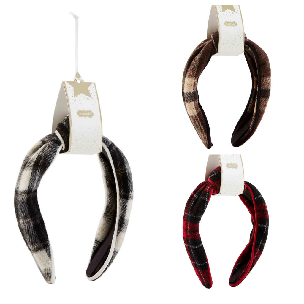 Assorted plaid top knot headbands.