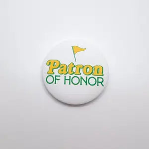 Golf button featuring a yellow flag with "Patron of Honor" in yellow and green lettering.